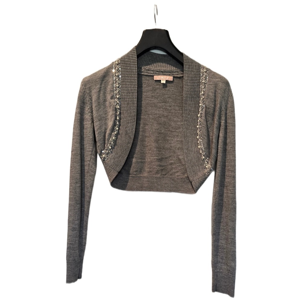 Circle Grey 100% Wool Beaded Sequin Cropped Shrug Bolero Sweater Size 9 85cm